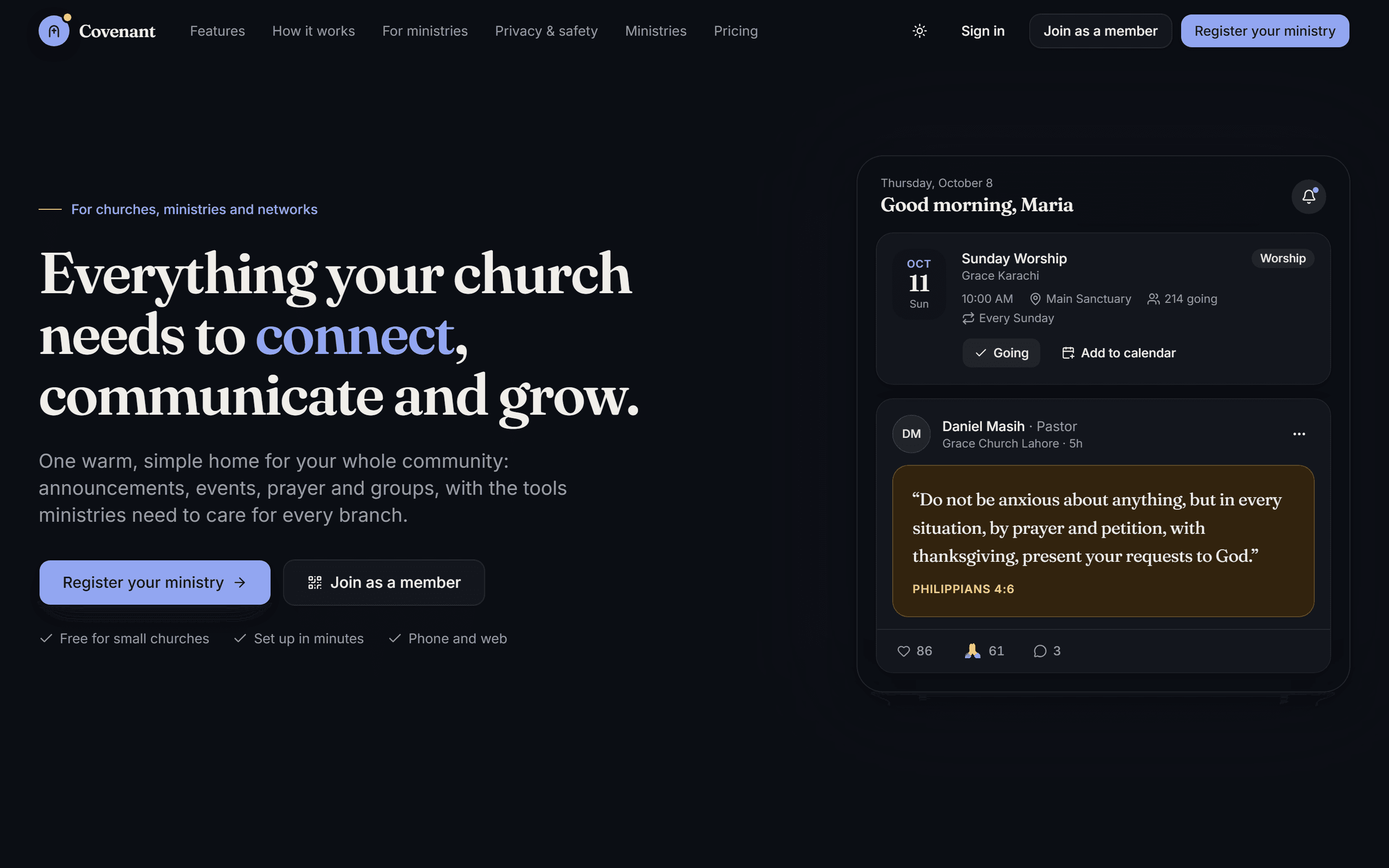 Covenant home page showing a member's feed with an upcoming Sunday Worship event and a pastor's post