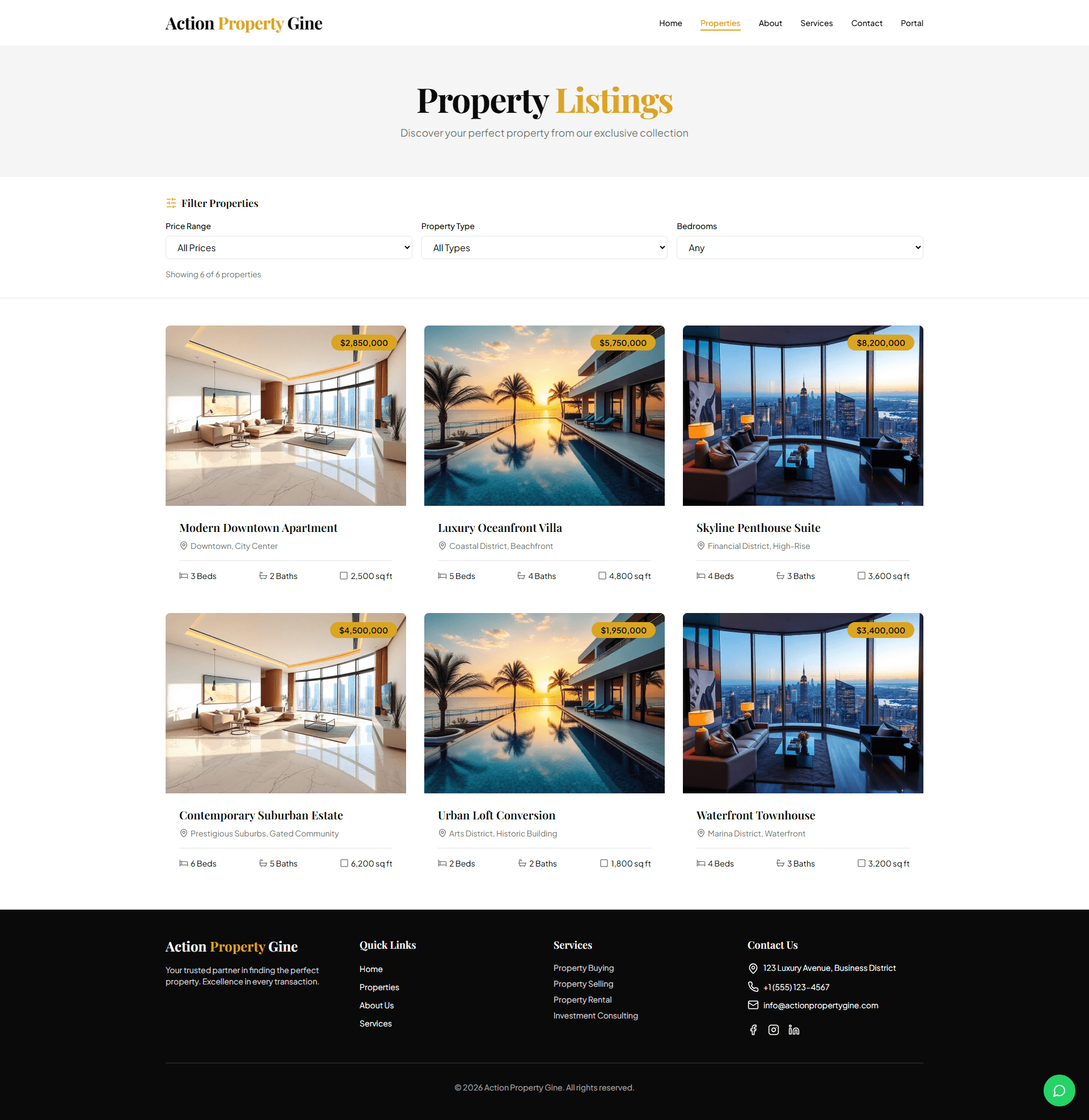 Action Property Gine listings page with price, type and bedroom filters above luxury property cards